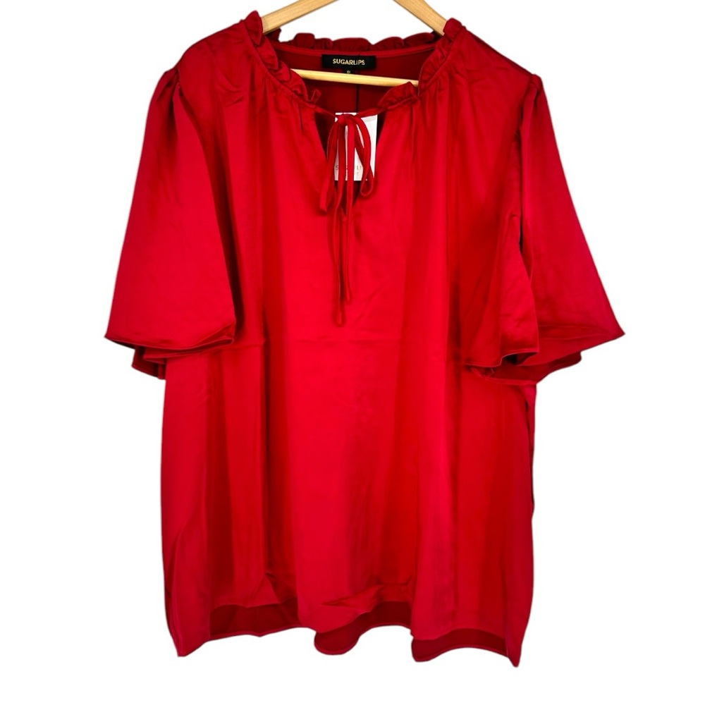 Sugarlips Ruby Red Satin Short Flutter Sleeve size 3X Tie Neck NWT Ruffle Neck